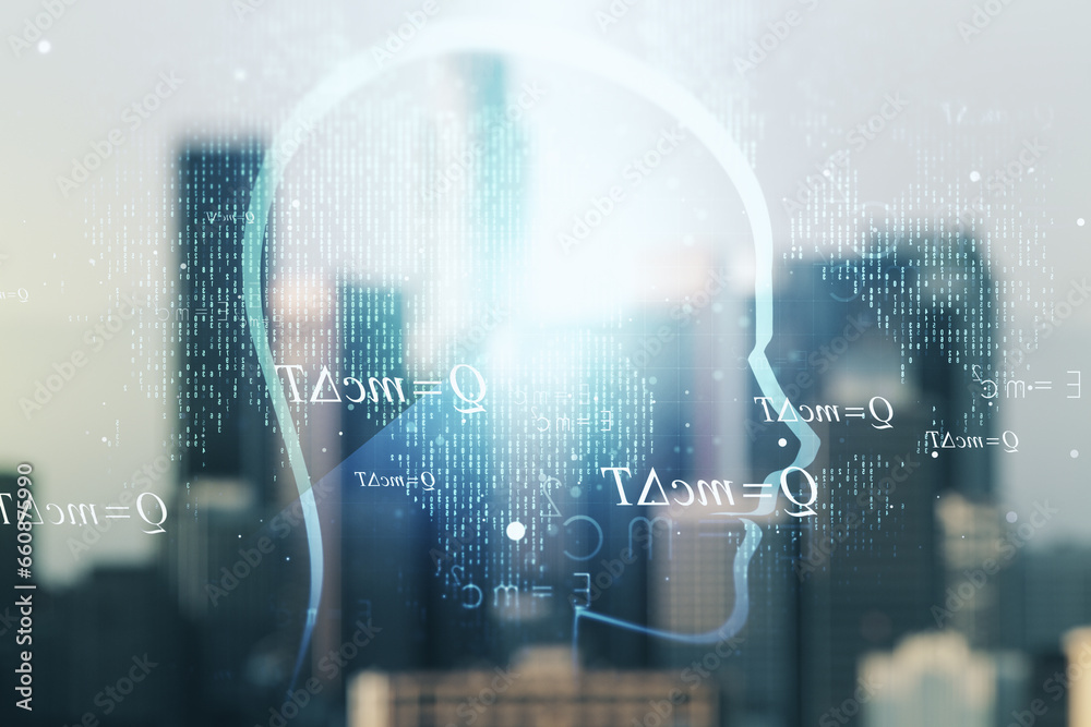 Poster abstract virtual artificial intelligence concept with human head sketch on blurry skyscrapers backgr