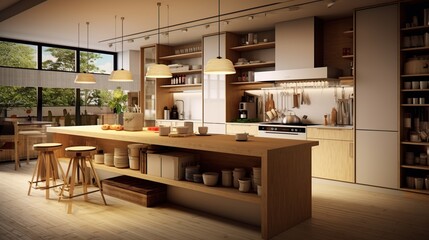 Fototapeta na wymiar Modern kitchen with counter, minimalist interior with sunlight in daytime. Full set of kitchen equipment, pan, pot, electric hob, flipper,