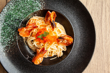 Spaghetti with grilled shrimp, ebiko, and cream sauce