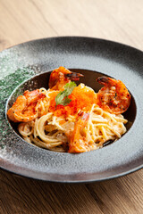 Spaghetti with grilled shrimp, ebiko, and cream sauce