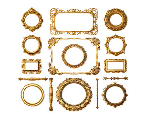 Obraz premium Multiple golden ornate frames in different styles on a white background.