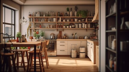 Obraz na płótnie Canvas Modern kitchen with counter, minimalist interior with sunlight in daytime. Full set of kitchen equipment, pan, pot, electric hob, flipper,