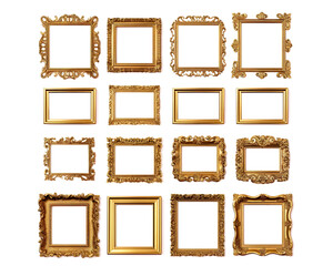 Multiple golden ornate frames in different styles on a white background.