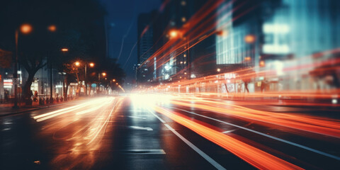 Fototapeta premium Abstract blurred night street lights background. Defocused image of a city street at night. 