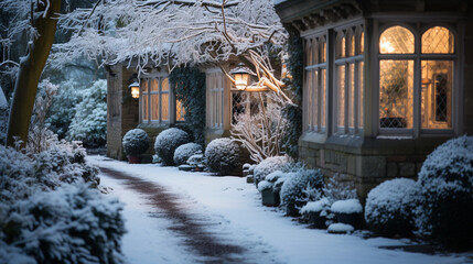 A serene winter garden blanketed in fresh snow, with a stone pathway leading through frosted trees and shrubs