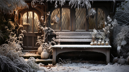 A cozy garden bench covered in a light dusting of snow, framed by evergreen trees, creating a perfect winter retreat