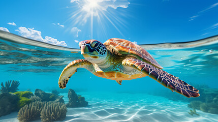 A sea turtle in a clear ocean - Powered by Adobe