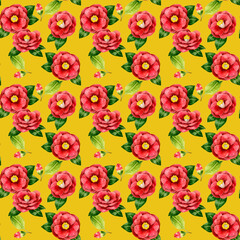 赤色の椿のシームレスパターン　手描き水彩イラストの花柄