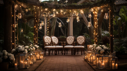 Fototapeta na wymiar An elegant outdoor winter wedding setup in a garden, complete with white chairs, an arch, and twinkling string lights