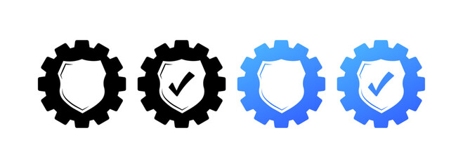Icon protection settings. Different styles, protection settings, shield inside gear, protection settings, check mark. Vector icons