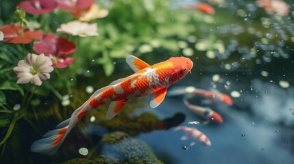 Colorful decorative fish, koi fish float in an artificial pond, view from above