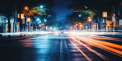 Fototapeta na wymiar Abstract blurred night street lights background. Defocused image of a city street at night. 