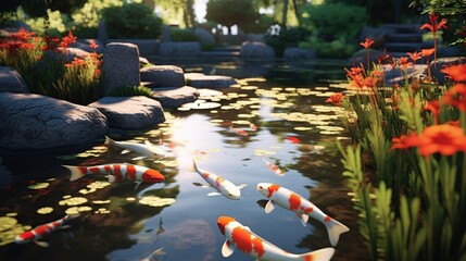 Colorful decorative fish, koi fish float in an artificial pond, view from above - Powered by Adobe