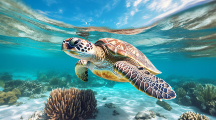Obraz na płótnie Canvas A sea turtle in a clear ocean