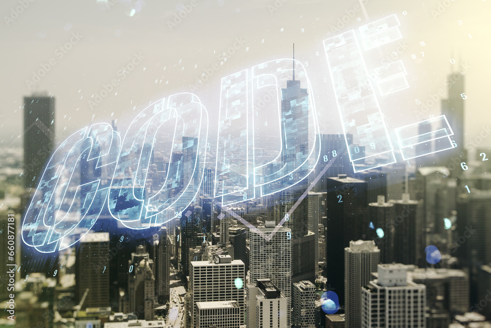 Poster code word hologram on chicago skyscrapers background, artificial intelligence and neural networks co