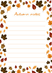 Fototapeta premium Checklist for notes with autumn leaves on background. Autumn planner