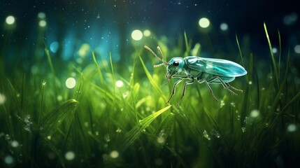 Glowing firefly on the grass in the moonlight at night