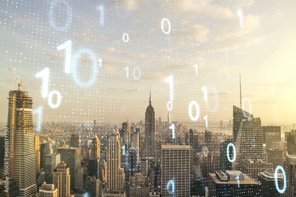 Leinwandbilder abstract virtual binary code sketch on manhattan office buildings background, hacking and matrix con
