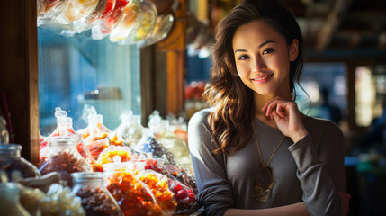 Vibrant portrait of a young woman as an exotic candy vendor in a traditional Central Asian market.