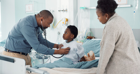 Pediatrician, African and parent with child in hospital for check or healthcare consultation in...