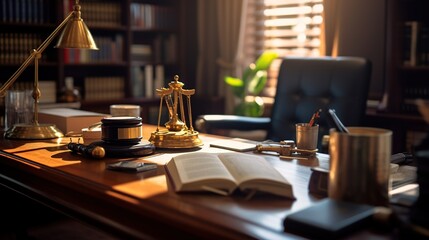law attorney's workspace, Judge gavel with Justice lawyers having team meeting at law firm in background. Concepts of law. - obrazy, fototapety, plakaty