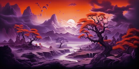 Generative AI, orange and purple vintage retro landscape, abstract graffiti street art, painting of fantasy landscape	
