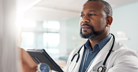 Healthcare, black man and doctor with a tablet, digital app or connection with online results,...