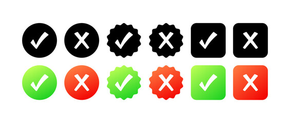 Checkmarks and crosses icons. Different styles, colors, set of checkmarks, set of crosses, checkmarks and crosses. Vector icons