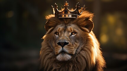 photo of male lion wearing a king of the jungle crown with blur jungle background - Powered by Adobe