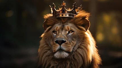 Poster photo of male lion wearing a king of the jungle crown with blur jungle background © Beny