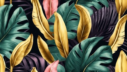 Tropical luxury exotic seamless pattern, pastel colorful banana leaves, palm. Hand-drawn vintage 3D illustration. Dark glamorous bright design. For wallpapers, cloth, fabric printing, Generative AI