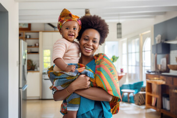 Happy smiling mature African woman in colorful clothing holding a baby at home - obrazy, fototapety, plakaty