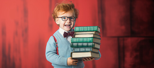 Inspirational studious child, in blouse and glasses, handling tall book stack.