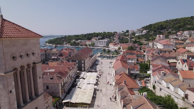 Dynamic flyover of Hvar Cathedral, low altitude aerial. Croatia