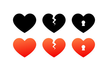 Heart icons. Different styles, red, broken heart, key to the heart. Vector icons