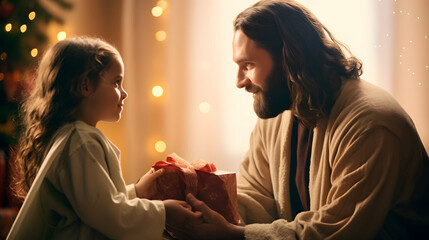 Jesus giving gift to child at Christmas, love concept