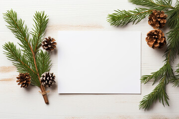 christmas card with fir branches and cones, card mockup, copy space 