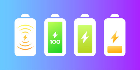Battery indicator icons. Flat, color, battery charging, battery indicator icons. Vector icons
