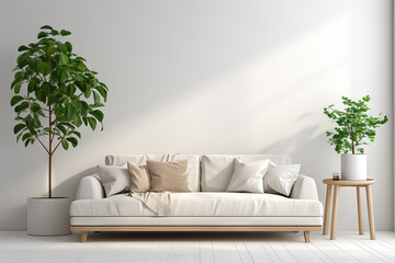 Salon moderne avec canapé et plante sur fond blanc. IA générative, IA