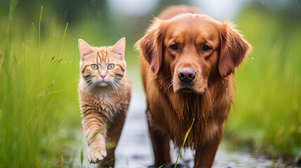 golden retriever with a cat on the grass
