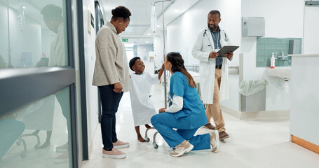 Black family, medicine and a pediatrician talking to a patient in the hospital for medical child...