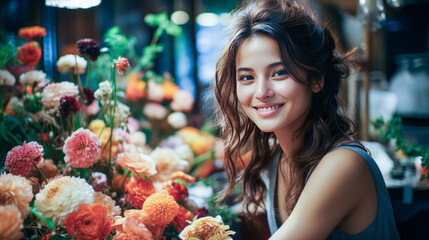 Charming florist surrounded by colorful, vibrant flowers at her market stall.