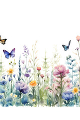 Bordure horizontale sans couture avec fleurs abstraites, feuilles et plantes vertes, papillons volants. Illustration panoramique de prairie d’été. IA générative, IA