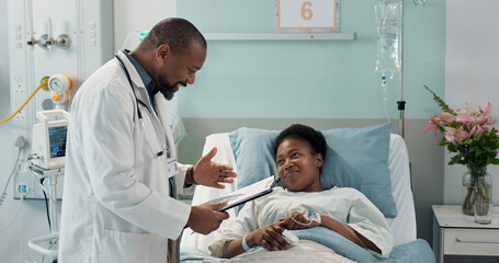 Check, patient and doctor in hospital, clinic or healthcare with sick black woman healing or...