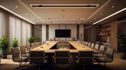 Meeting room, a company office with big table and projector with minimalist interior - Powered by Adobe
