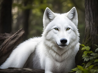 Wildlife photography of white wolf. Generated by AI tools.