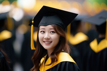 Portrait of cheerful Asian young girl in black and yellow graduation gown and cap with other graduate at university.