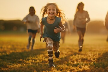 Smiling little girl with prosthetic leg running on field with her friends. - obrazy, fototapety, plakaty