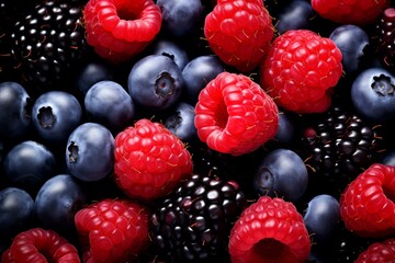 Raspberry blueberries background. Generative AI