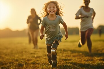 Smiling little girl with prosthetic leg running on field with her friends. - obrazy, fototapety, plakaty
